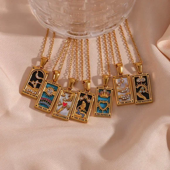 Sun Tarot Card Pendant Necklace 18K Gold Enamel Rectangle Stainless Steel - Picture 9 of 9